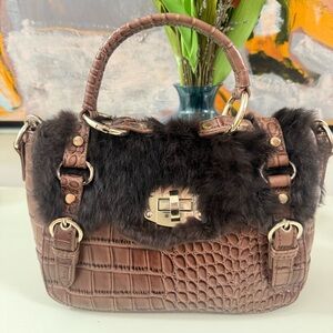 Crocodile Print leather with Rabbit Fur handle bag with adjustable strap